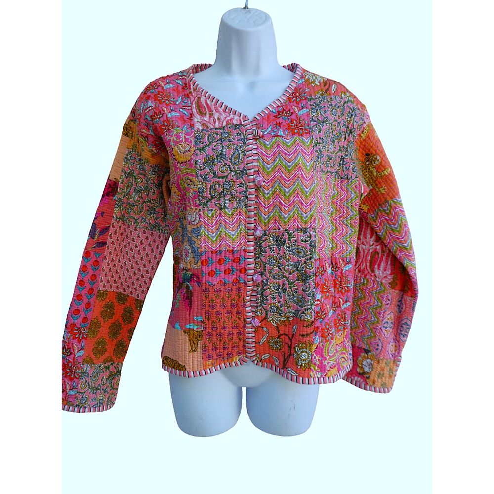 Kantha Pink Quilted Jacket Striped Reversible Patchwork Assorted Block Prints